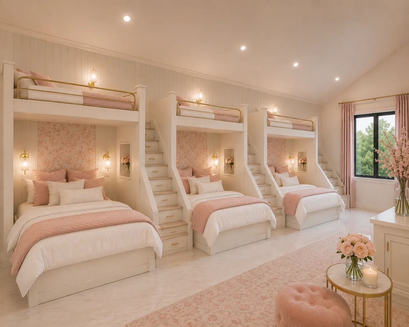 Architectural rendering of the bunk room in the bridal suite at Antelope Creek Ranch Venue near Wichita, Kansas: three built-in bunk beds with brass rails and sconces, blush and cream bedding, and a stair with drawers to each upper bunk.
