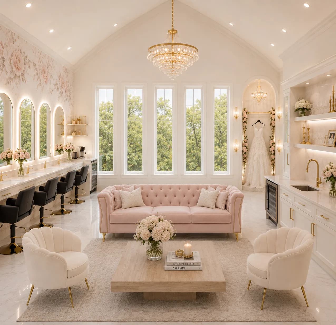Architectural rendering of the bridal suite at Antelope Creek Ranch Venue: a bright getting-ready room with a long vanity, seating and natural light.