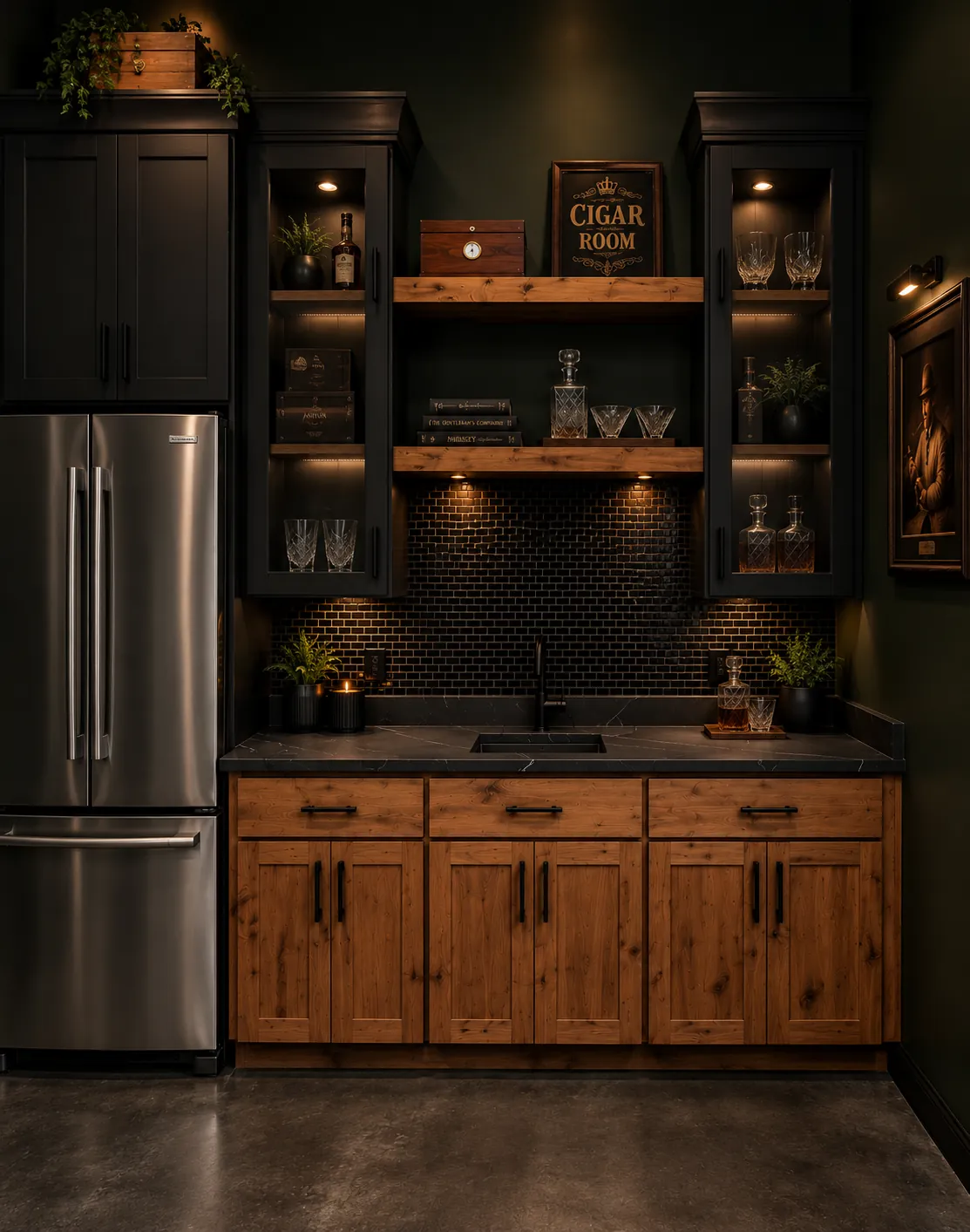 Architectural rendering of a detail in the groom suite at Antelope Creek Ranch Venue, showing paneling and furnishings.