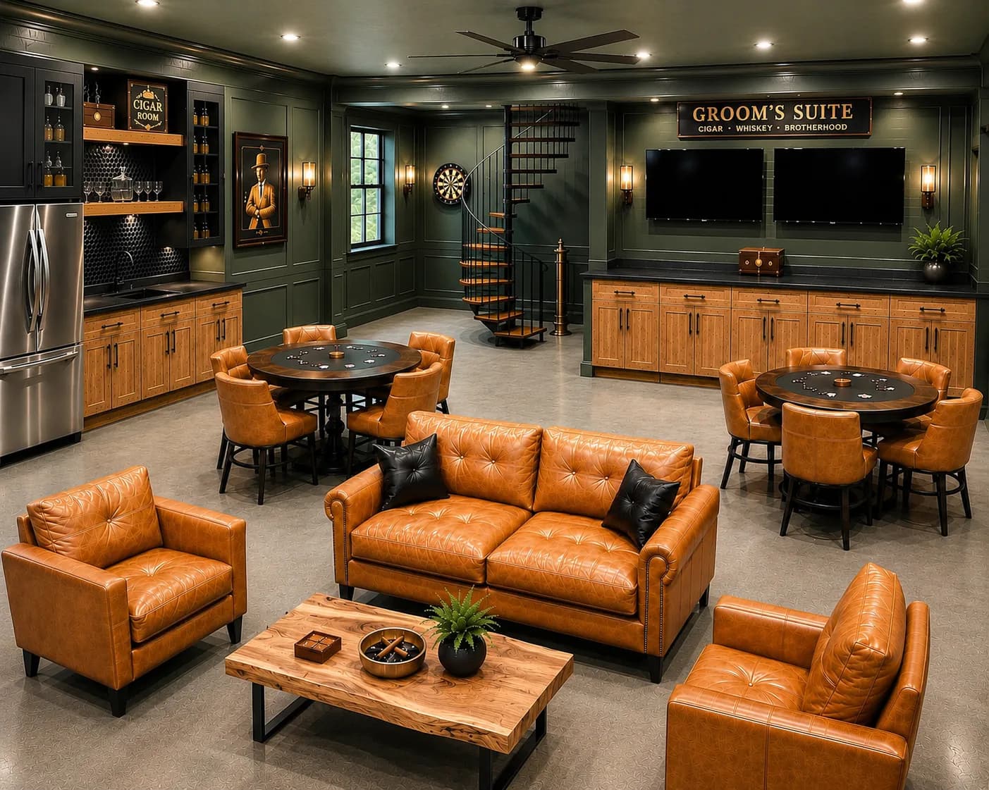 Architectural rendering of the groom suite at Antelope Creek Ranch Venue: a dark-paneled lounge with leather seating and a card table.