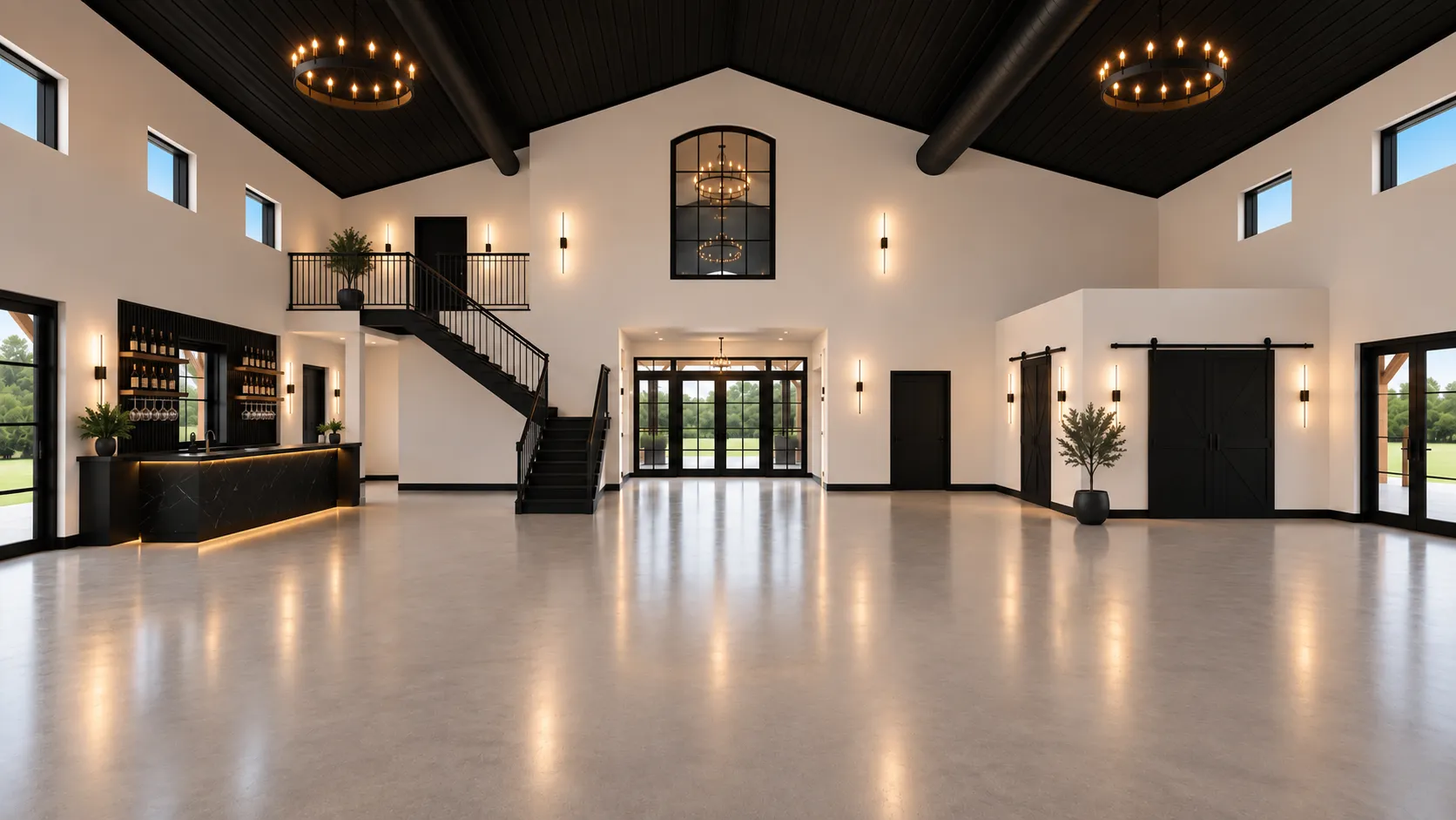 Architectural rendering of the reception hall at Antelope Creek Ranch Venue looking toward the mezzanine: a black steel stair rising to the railed loft, an arched window above the glass entry doors, and the bar on the left.