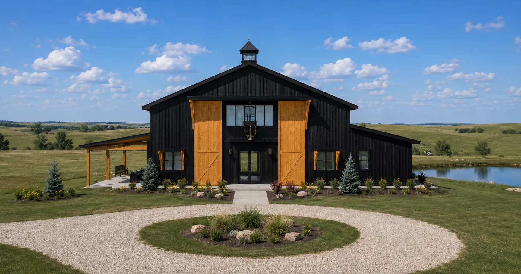 Architectural rendering of the approach to Antelope Creek Ranch Venue near Wichita, Kansas: the black board-and-batten barn with cedar doors seen across the drive and open prairie.