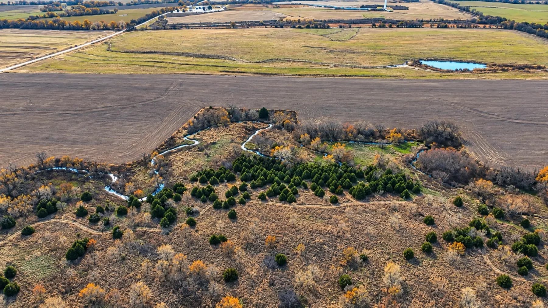 Aerial photograph of the land at Antelope Creek Ranch Venue near Wichita, Kansas, in autumn: the creek winding through cedars and prairie grass, with open farmland beyond.