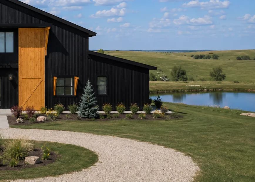 Architectural rendering of the two-acre pond and open prairie at Antelope Creek Ranch Venue in Oxford, Kansas, with the treeline beyond.