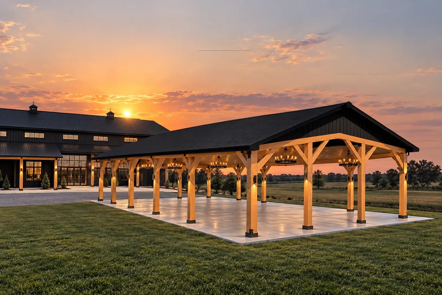 Architectural rendering of the covered pavilion at Antelope Creek Ranch Venue near Wichita, Kansas, at sunset: an open-sided timber structure with a black roof and iron chandeliers over a pale stone floor, the barn to its left and open prairie beyond.