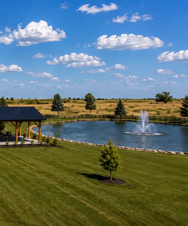 Architectural rendering of the pond and fountain at Antelope Creek Ranch Venue in Oxford, Kansas.