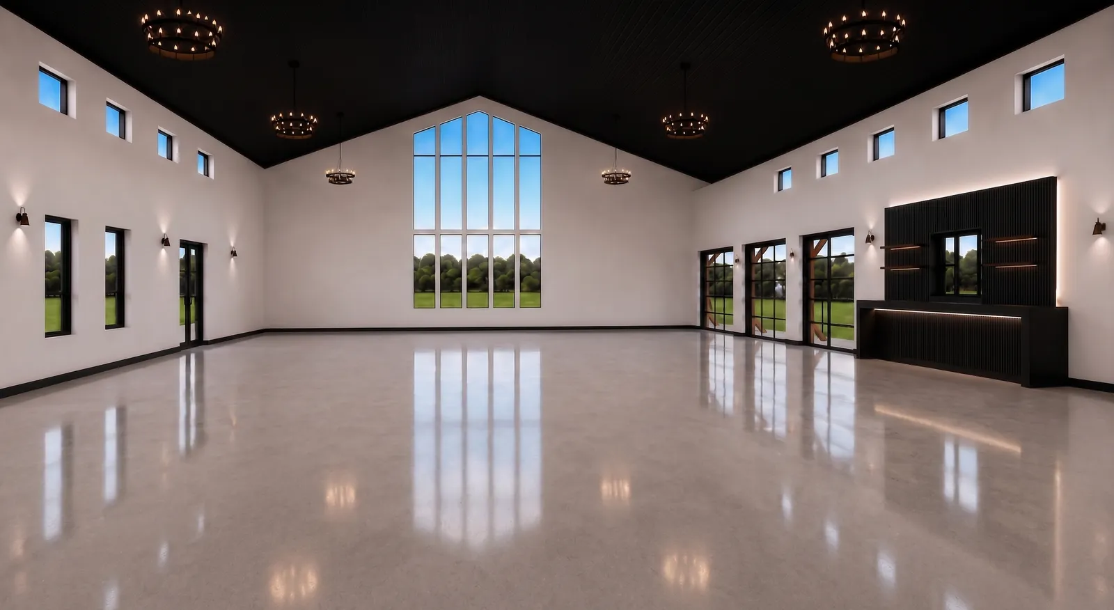 Architectural rendering of the same reception hall standing empty, showing the polished floor, black vaulted ceiling, cathedral window and the bar along the right wall.