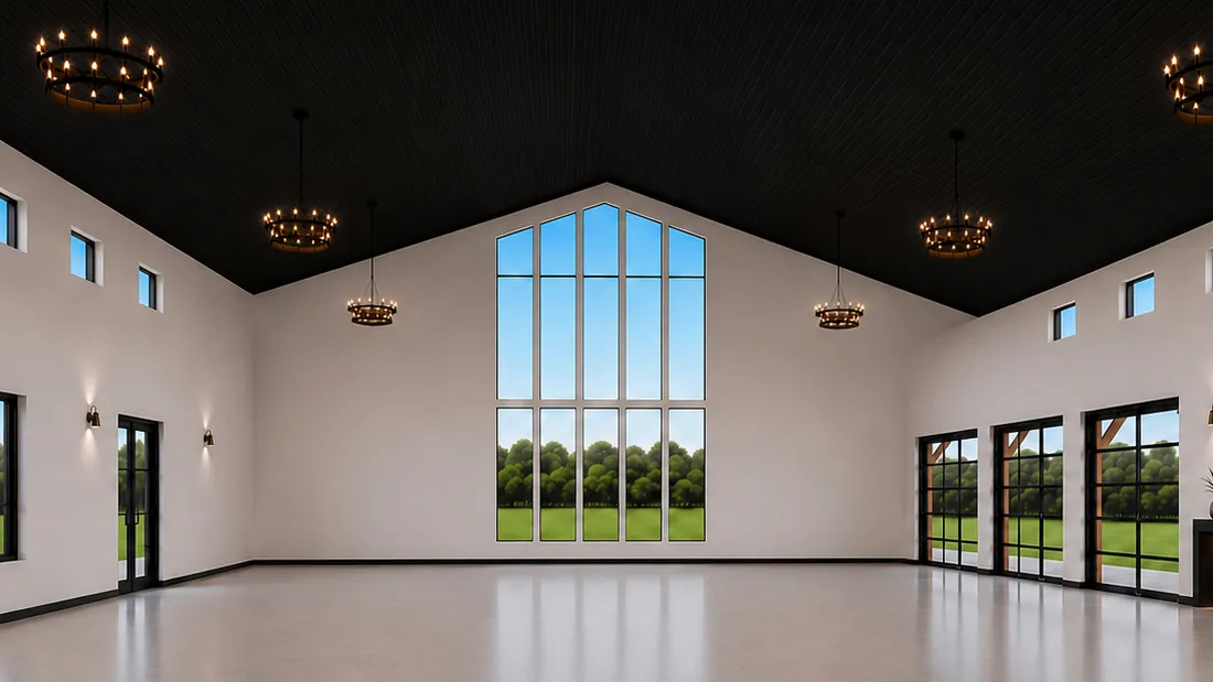 Architectural rendering of the same reception hall standing empty, showing the full floor, black vaulted ceiling and cathedral window.
