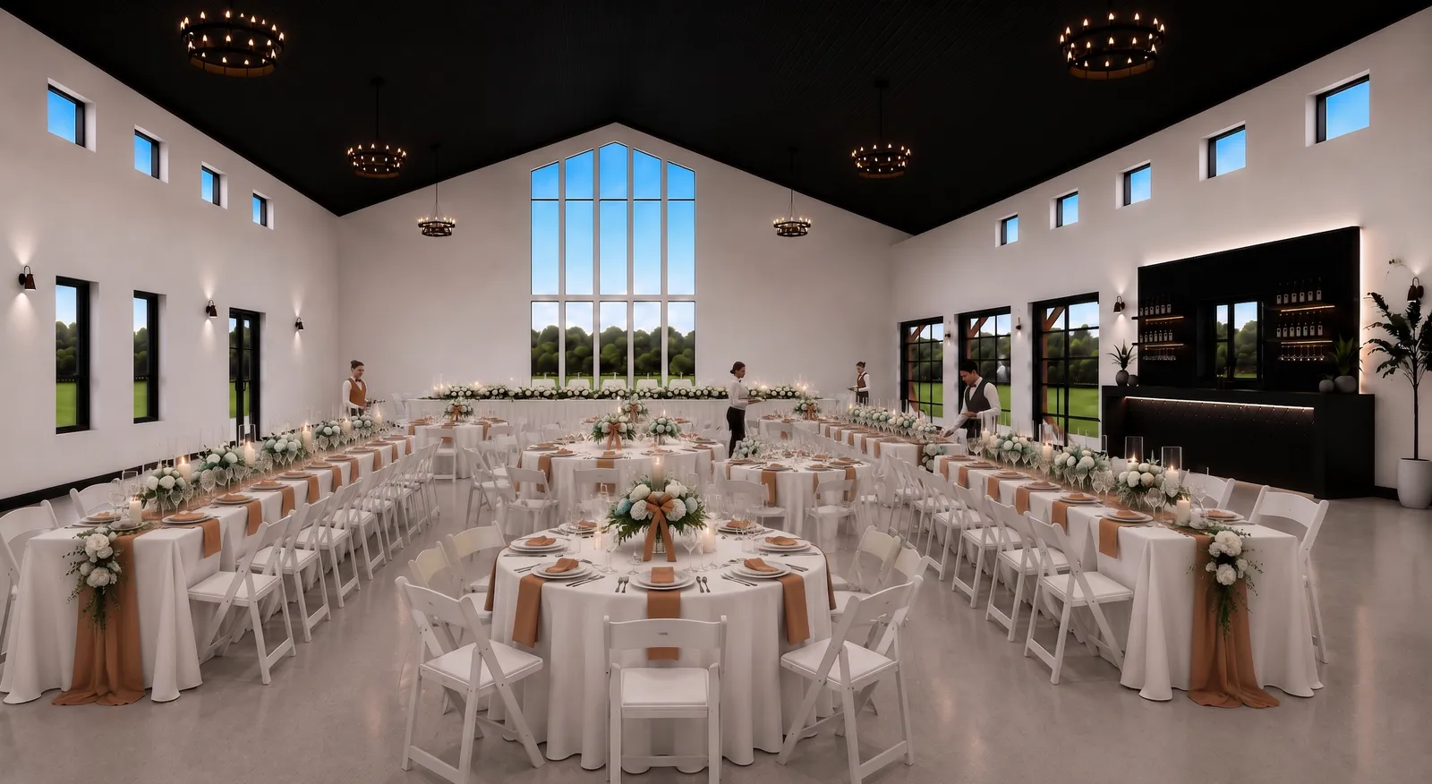 Architectural rendering of the reception hall at Antelope Creek Ranch Venue set for a wedding: round and long tables dressed in white florals and caramel runners, a head table beneath the cathedral window, and a lit bar along the right wall.