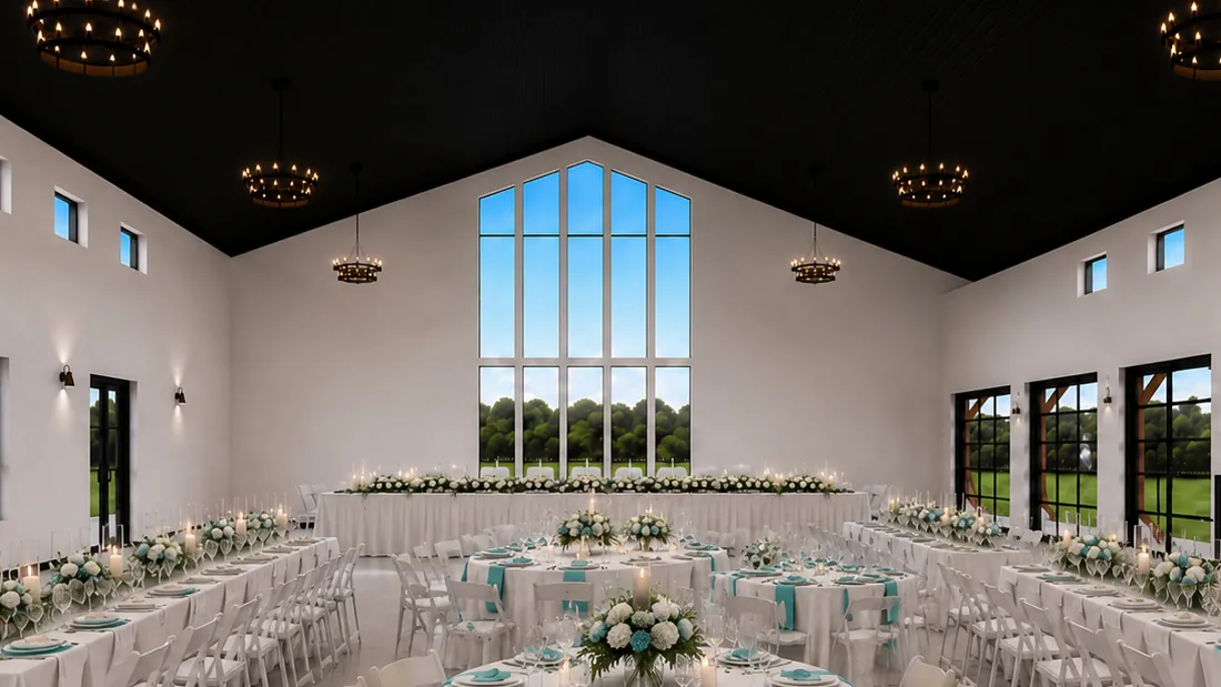 Architectural rendering of the reception hall at Antelope Creek Ranch Venue set for a wedding, with round tables, a long head table beneath the cathedral window and a bar along the right wall.