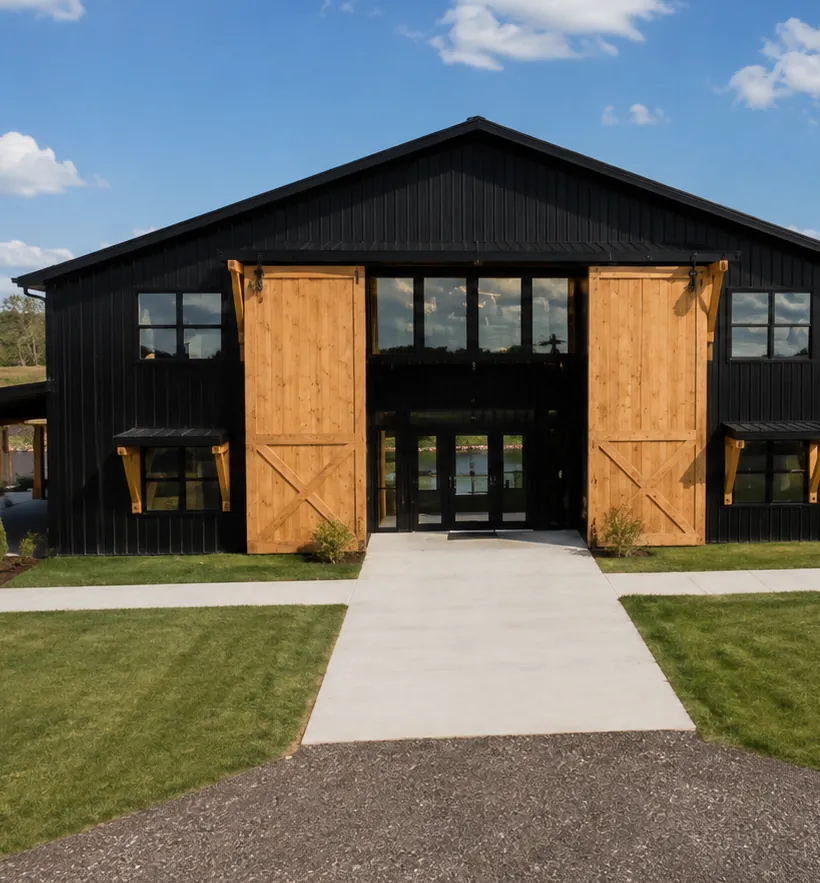 Tall architectural rendering of the cedar barn doors and covered porch at Antelope Creek Ranch Venue in Oxford, Kansas.